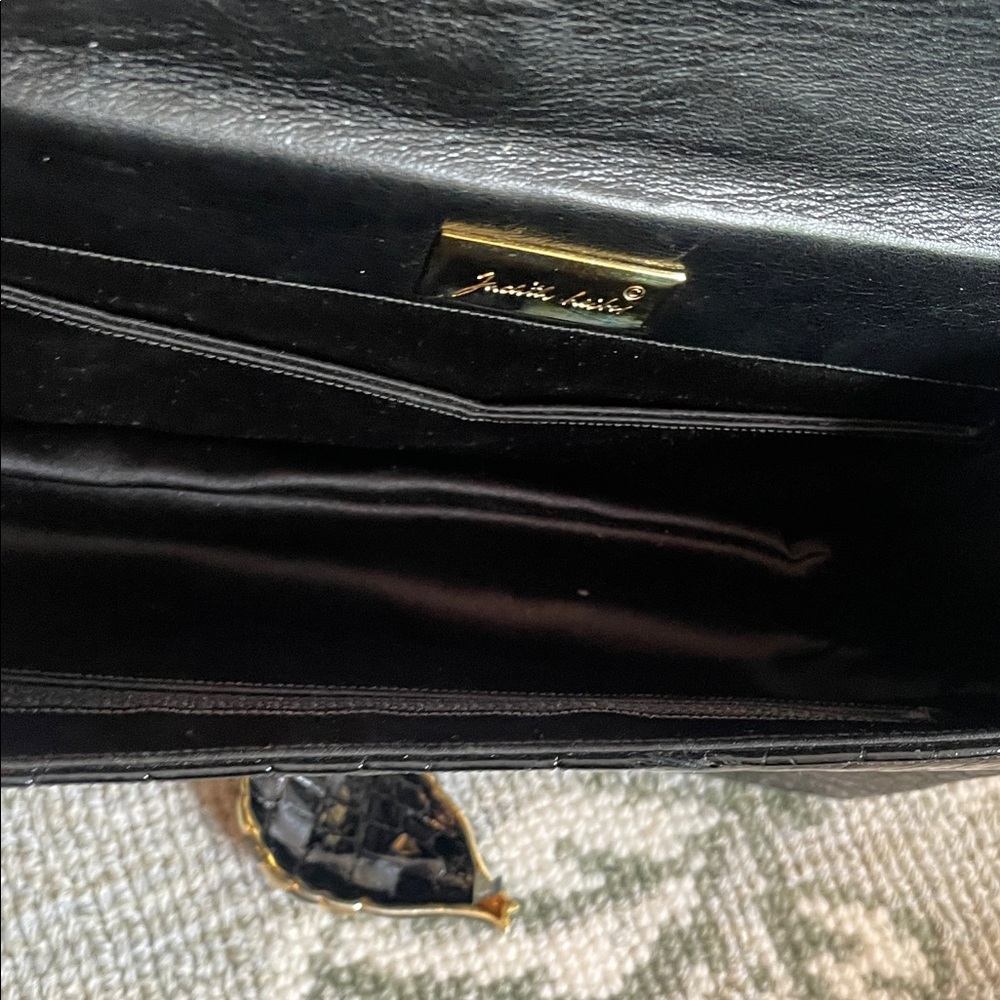 Judith Leiber Black Crocodile Clutch with Gold & Pearl Detailing - Picture 9 of 10